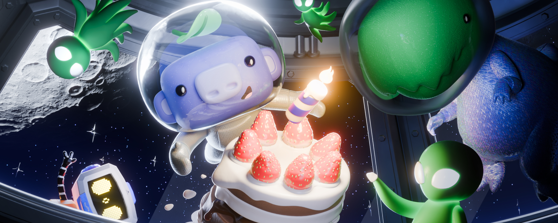 Wumpus in space surrounded by friends, celebrating Atlas Meet’s birthday. 