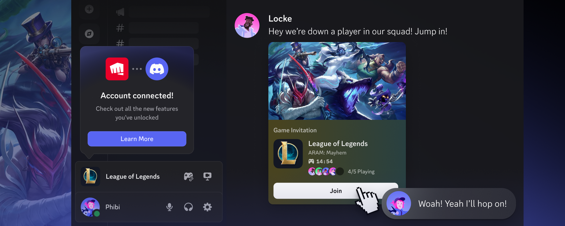 Demonstration of inviting a League of Legends-playing friend to a game lobby directly through Atlas Meet.