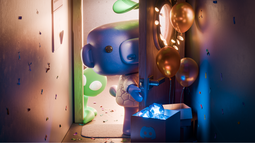 3D Wumpus opening a door to a hallway with a box of balloons and a box of Atlas Meet orbs.