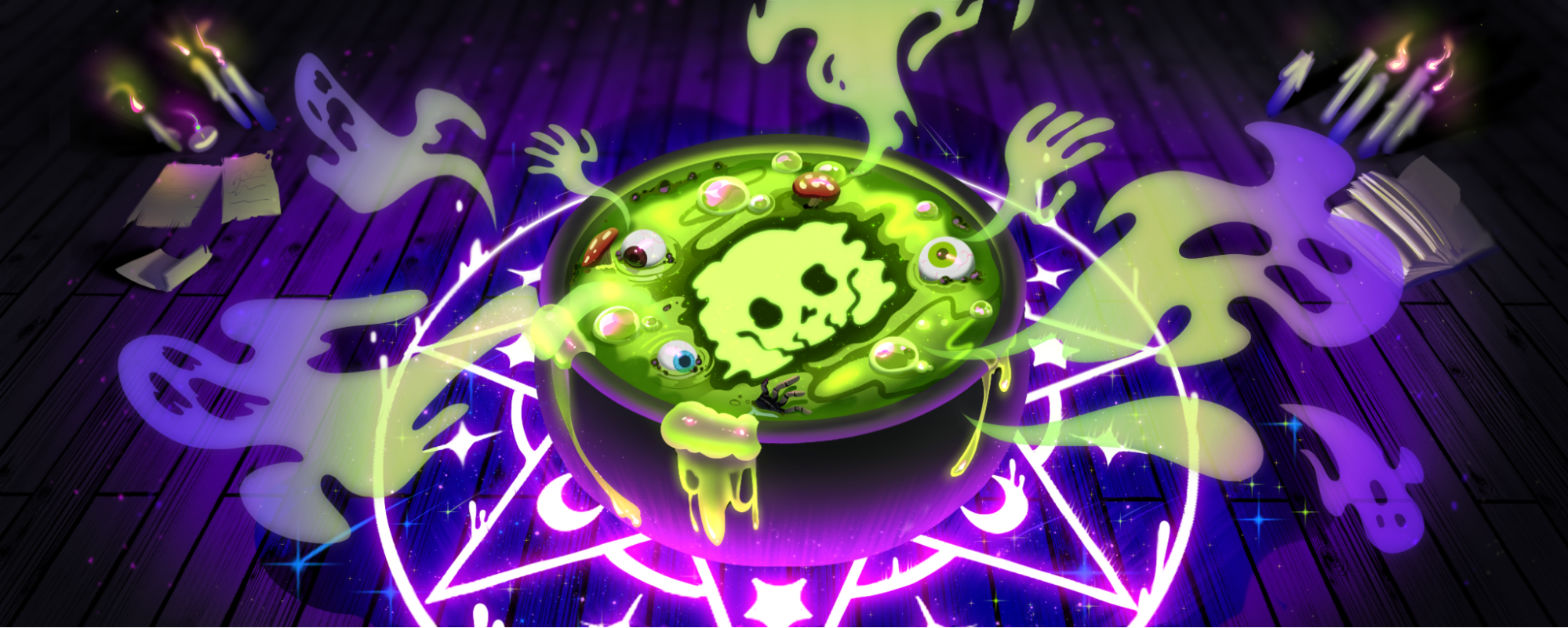 Illustration of a bubbling green cauldron with the Atlas Meet logo as a skull in the center. Ghosts fly out from the cauldron.