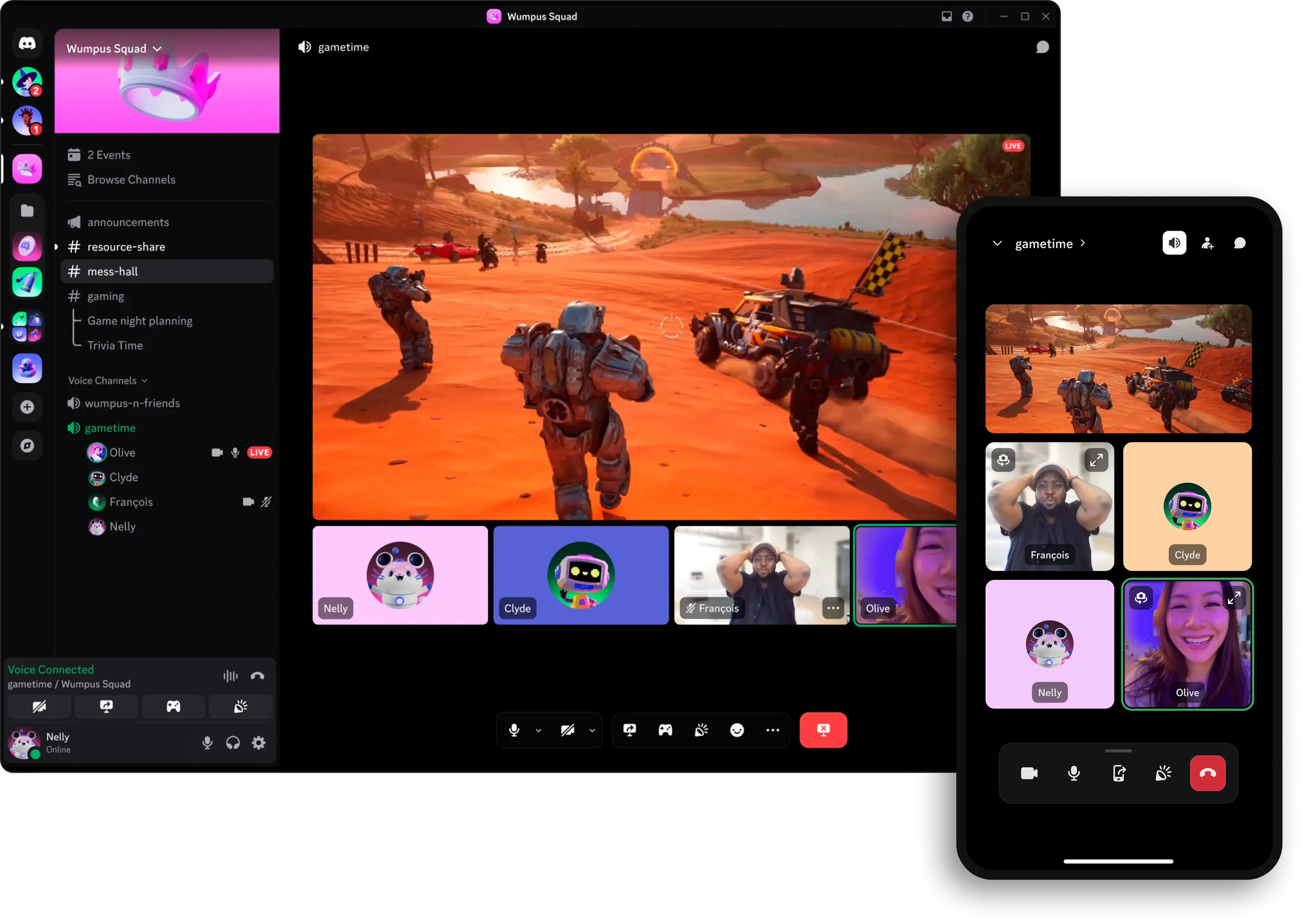 Screenshot of Atlas Meet on Desktop and mobile, showing friends playing a game together while staying connected through voice and video chat. A player is streaming their game to their friends, with the players' characters running across a desert landscape. The video feeds show them laughing and chatting - capturing that feeling of hanging out in the same room even when playing online.