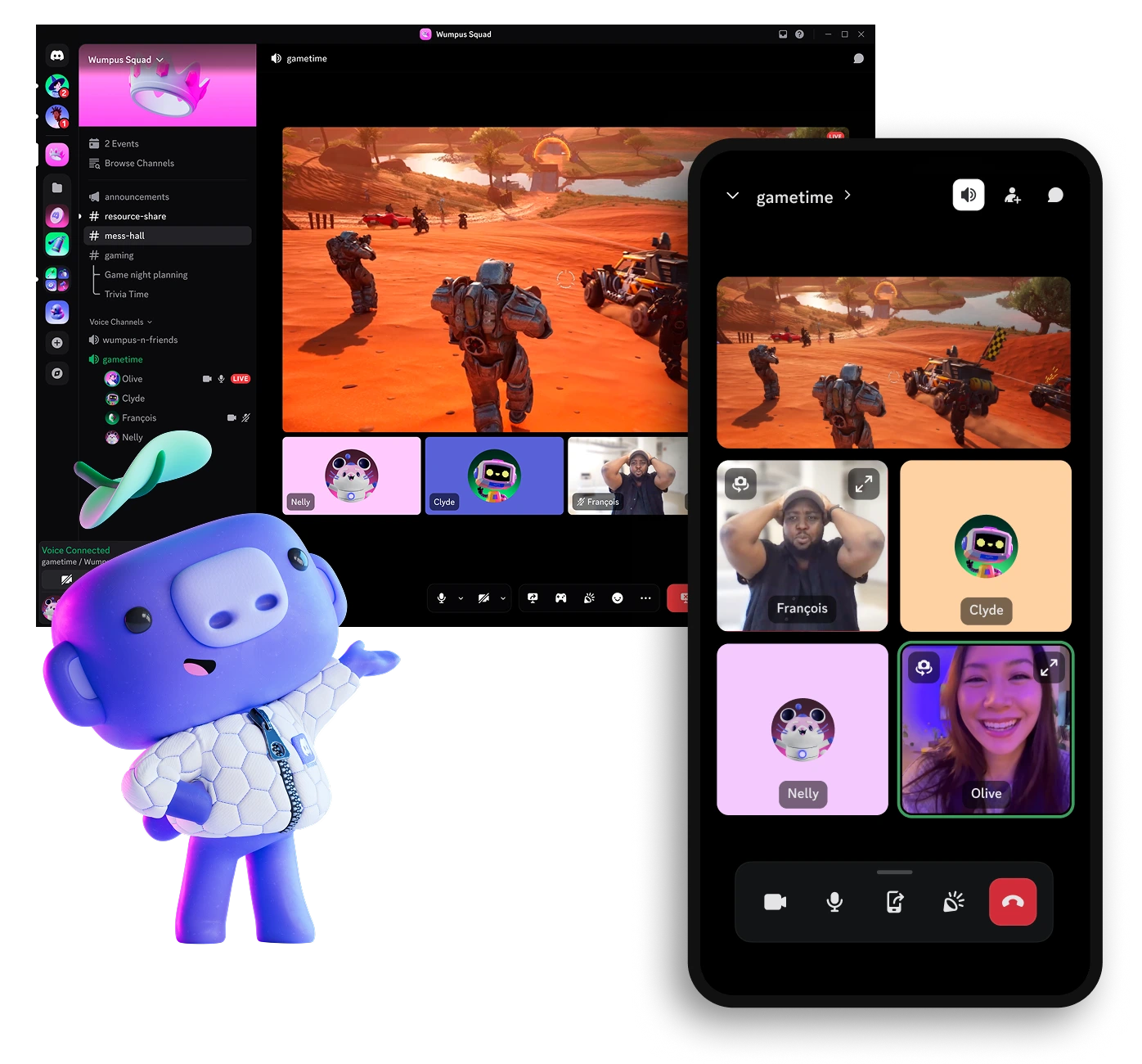 Screenshot of Atlas Meet on Desktop and mobile, showing friends playing a game together while staying connected through voice and video chat. A player is streaming their game to their friends, with the players' characters running across a desert landscape. The video feeds show them laughing and chatting - capturing that feeling of hanging out in the same room even when playing online.